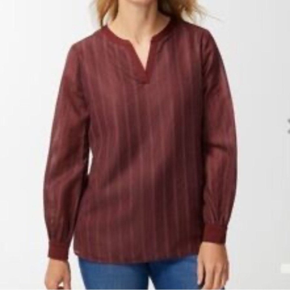 Chico’s Notch Placket Popover Top Sweet Raisin Shadow Stripe NWT Sz 2 (Lg)
